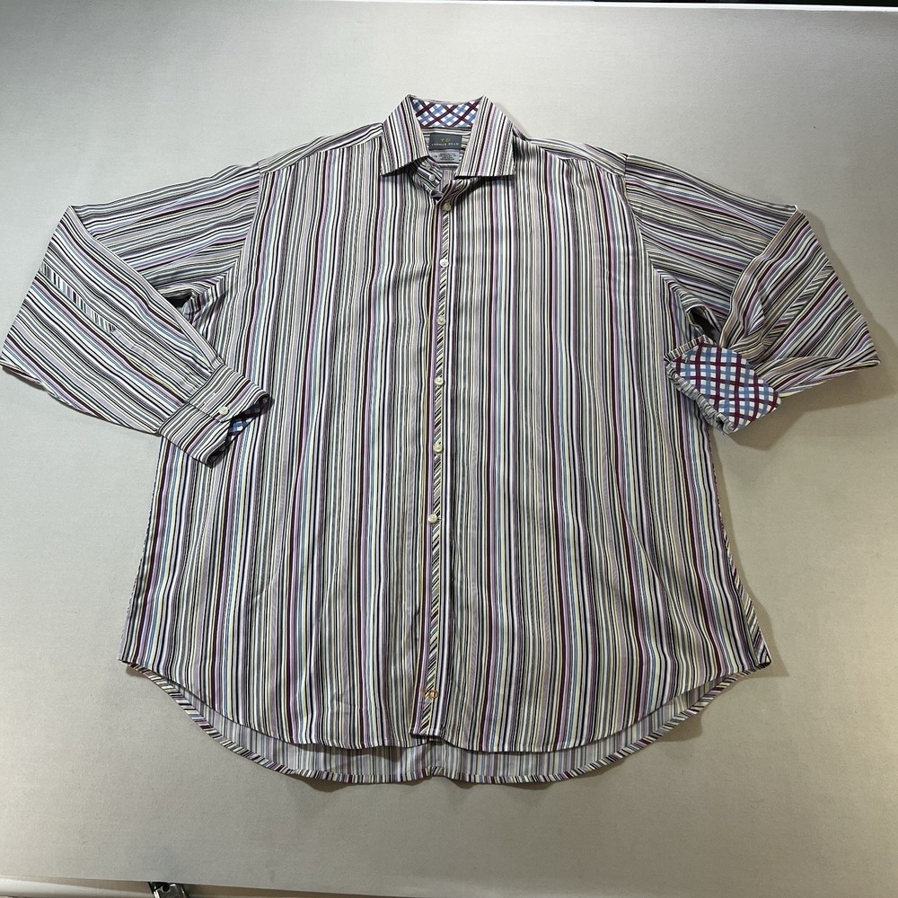 Thomas Dean Mens XL Long Sleeve Button Down Shirt Striped Cotton Multi-Color